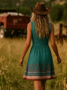 Details of the bohemian western vintage sleeveless printed dress showcasing ethnic hem patterns.