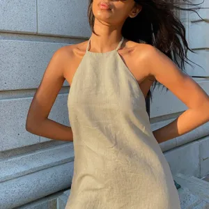 Summer halter neck linen backless dress sexy casual a-line outfit women new apparel!