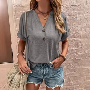 Womens grey V-neck short sleeve top with buttons casual summer fashion blouse main view