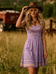 Close-up detail of the bohemian sleeveless vintage ethnic printed dress in soft purple.