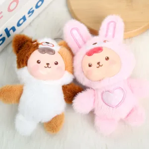 Bonito juego de llaveros de muñeca cara vinilo felpa, suave conejo y cachorro peluches.