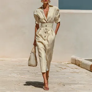 Elegant striped V-neck button shirt dress with wide waistband, chic summer fashion apparel.