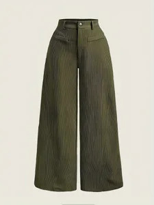 Casual high-waisted pleated wide-leg pants in army green, comfortable and versatile fit.