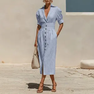 Detail view of stylish striped midi dress featuring V-neck, short sleeves and button front.