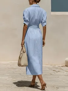 Women blue white striped shirt dress, casual elegant puff sleeve midi dress detail view.