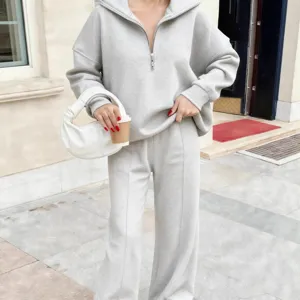 Women Casual Half Zip Sweatshirt And Long Pants Set Loose Long Sleeve Hooded Top And Trousers Two Piece Tracksuit