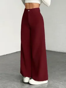 Women high waist wide leg pants casual burgundy ribbed trousers long autumn fashion bottoms