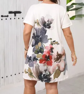 Detail view of women's casual short sleeve A-line dress with stunning vintage floral back print.