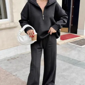 Casual half-zip sweatshirt and wide-leg trousers two-piece set for women autumn winter