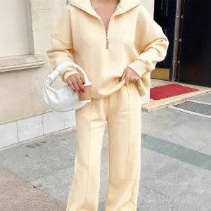 Women casual half-zip sweatshirt and pants two piece set loose autumn winter solid color chic