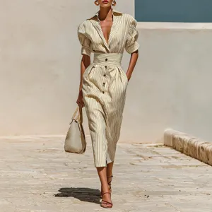 Women Casual Elegant Striped V Neck Short Sleeve Button Up Dress Fashion Commuting Slim Fit Polyester Long Dress