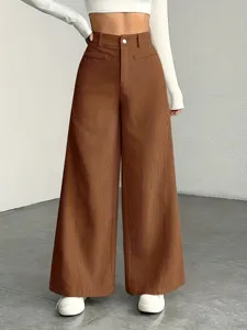 Casual high-waist wide-leg brown trousers featuring a comfortable fit for autumn winter wear.