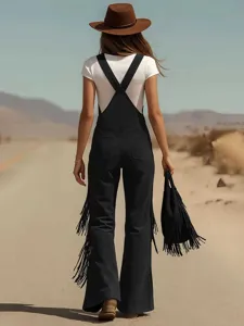 Detailed view of retro western style fringe wide leg overalls pocket decor trousers black fashion