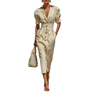 Elegant striped V-neck short sleeve shirt dress for women, fashion summer casual wear.