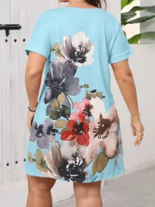 Women light blue short sleeve A-line casual dress featuring elegant vintage floral print.