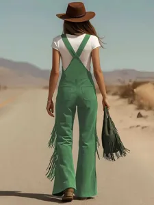 Retro western style green suede fringe overall long pants with pockets for women fashion outfit
