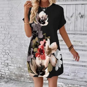 Women's Plus Size V-Neck Short Sleeve Floral Print Casual A-Line Beach Dress