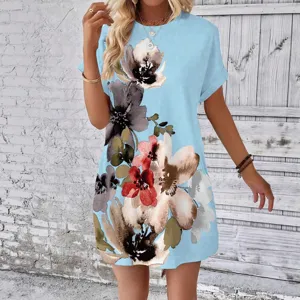 Light blue short sleeve floral print casual dress for women summer beach wear main view