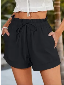 Women high waist casual shorts summer solid color drawstring loose fashion apparel daily wear