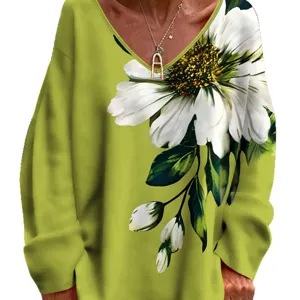T-shirt élégant à manches longues et imprimé floral col V décontracté pour femme