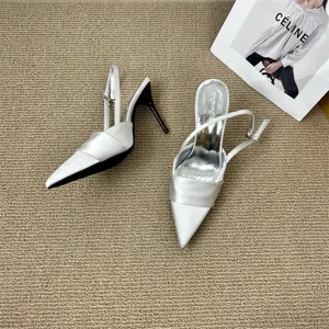 Silver satin stiletto high heel slingback pumps pointed toe elegant women's dress shoes