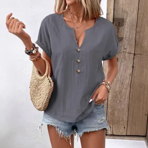 Women casual V-neck short sleeve button blouse solid color summer top for daily wear