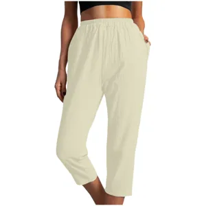 Dames casual cropped broek hoge taille elastische band zomer strand comfortabele zakken