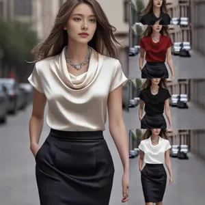 Camicetta Elegante in Raso Francese da Donna Tinta Unita Collo Drappeggiato Manica Corta Top Casual da Ufficio Moda