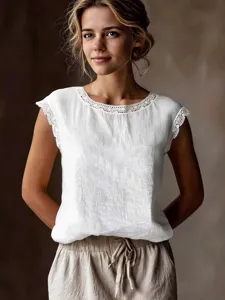 Women solid color round neck lace trim sleeveless linen blouse retro loose casual top