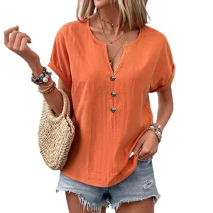 Women's summer V-neck short sleeve button down casual top blouse in orange color.