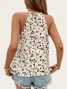 Back view detail of women halter abstract print camisole, minimalist chic backless strap top.