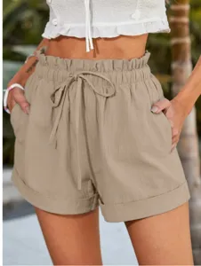 Casual high waisted khaki shorts detail view, featuring comfortable paperbag waist and drawstring.