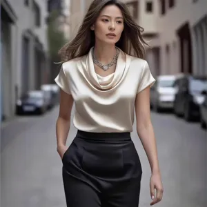 Elegante camicetta a maniche corte in satin per donna, top drappeggiato in stile francese.