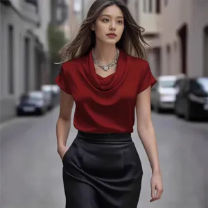 Elegante camicetta rossa in raso a maniche corte da donna, stile francese chic.