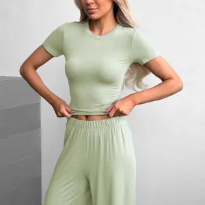 Women sage green knit short sleeve t-shirt and loose long pants casual lounge two piece set.