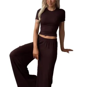 Women brown knit short sleeve t-shirt and wide leg pants casual two piece set outfit.