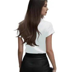 Donna camicetta bianca manica corta raso drappeggiato elegante stile francese top moda vista
