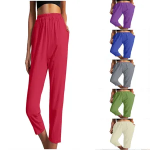 Dames Casual Katoen Mid Taille Elastische Taille Zakken Rechte Pijpen Capri Broek