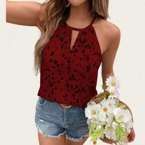 Women red halter neck sleeveless top abstract print casual summer blouse shirt for ladies