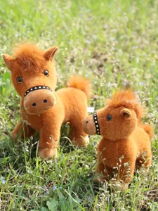 Cute simulation pony plush toy set, realistic brown stuffed horse doll for kids, soft animal figures.