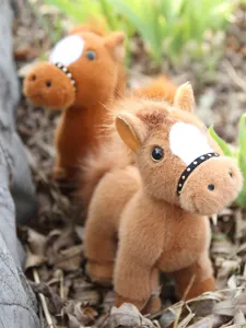 Cute brown plush horse toy with white blaze and halter, soft stuffed animal doll for kids gift.