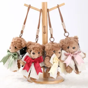 Cute plush teddy bear keychain with colorful ribbon bow tie bag pendant soft toy detail
