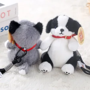 Cute plush toy keychain stuffed animal pendant with red collar and black leash for bags