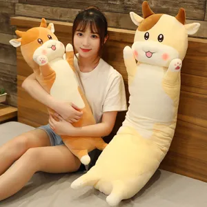 Cute long plush cow body pillow for girls bed, soft cartoon calf stuffed animal gift toy.
