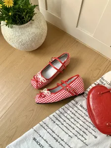 French red checkered Mary Jane flat shoes with double straps and cute bows for women spring.