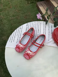 Red white gingham Mary Jane shoes, sweet bow strap flat ballet flats for women spring wear.