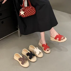 Damen Plateau Keilsandaletten mit H-Riemen Design, sommerliche Bast Espadrilles Pantoletten.