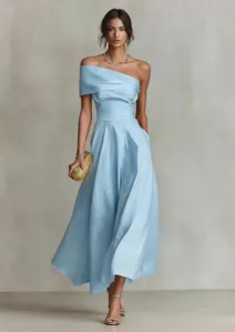 Close-up detail view of an elegant light blue one-shoulder flared midi dress with fitted waist.