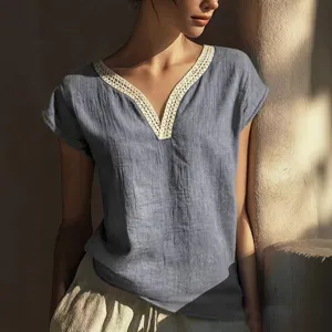 Women summer vintage lace V-neck blouse, casual short sleeve linen blend casual shirt top.