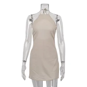 Beige halter neck mini dress, sexy backless summer cotton linen dress for women.